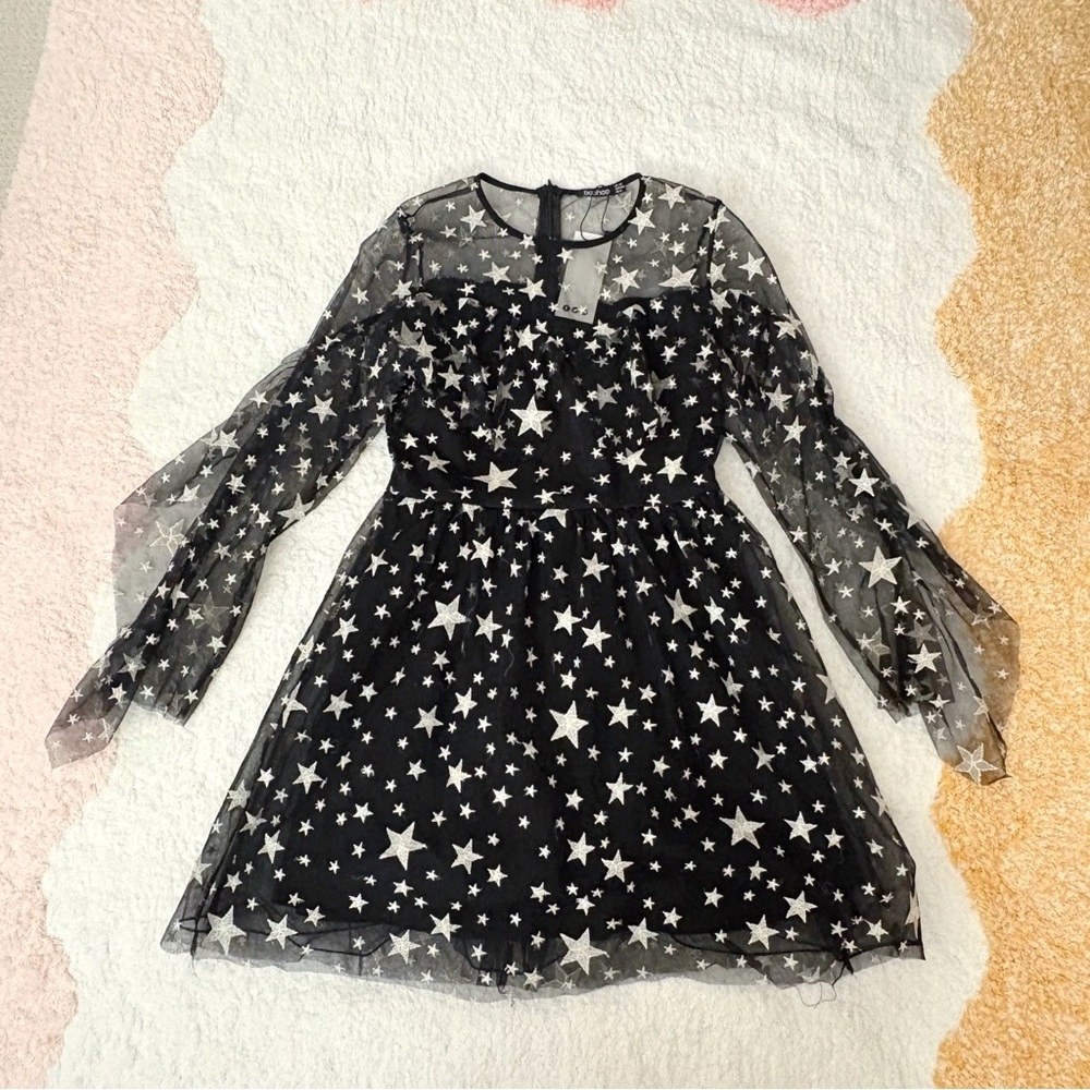 NEW ASOS BOOHOO Black Silver Embroidered Star Tulle Long Sleeve Dress